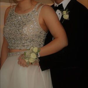 White and silver prom dress